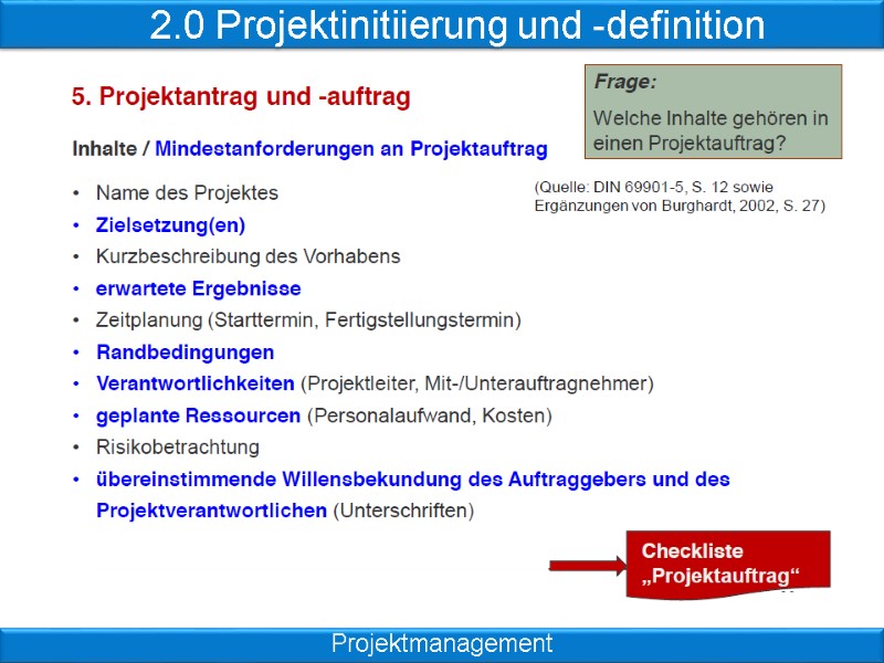 2.0 Projektinitiierung und -definition Projektmanagement